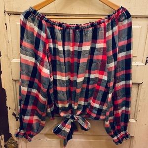 Sanctuary Off Shoulder Cotton Plaid Peasant Blouse
